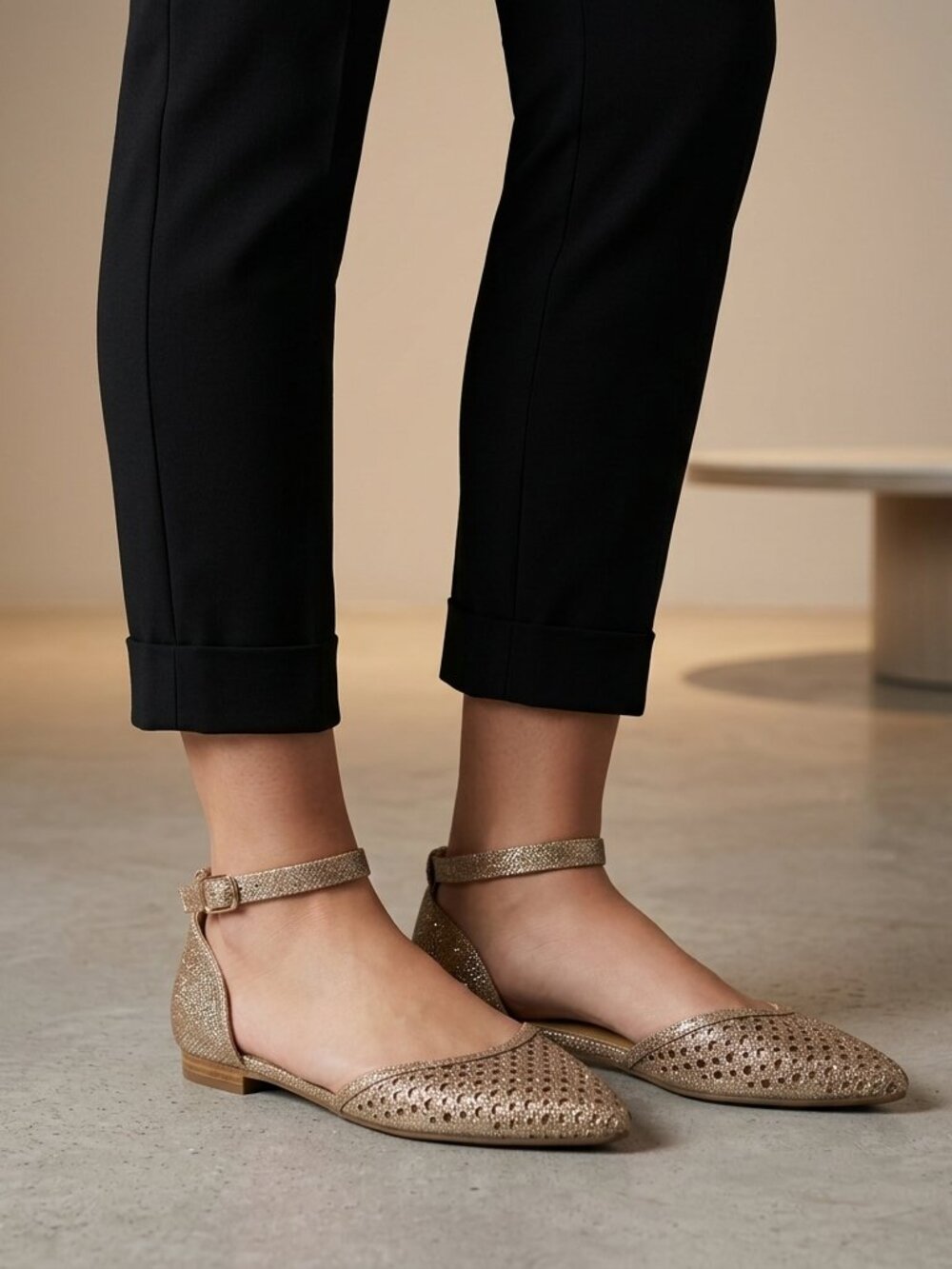 Womens Flats Gold Metallic Pointed Toe Ankle Strap Classic Elegant D'Orsay 8.5